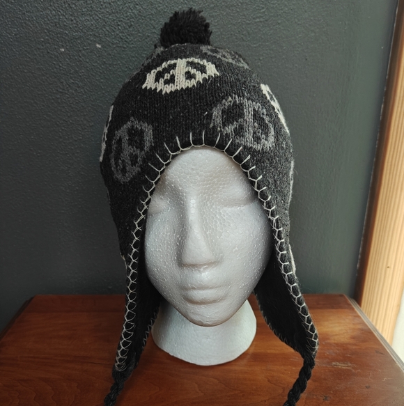 Black Peace Sign Knit Earflap Beanie/Winter Hat Boho